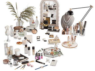 现代化妆品 护肤品 口红 镜子 花瓶花卉 摆件组合