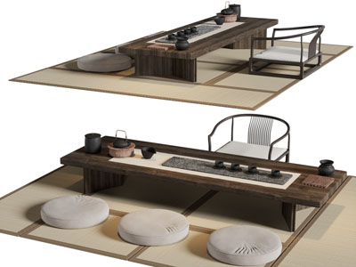 新中式实木茶几、蒲团3d模型 新中式实木茶几、蒲团