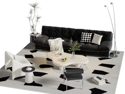 现代布艺双人沙发、休闲椅子和茶几组合