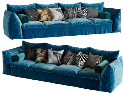 现代蓝色布艺多人沙发