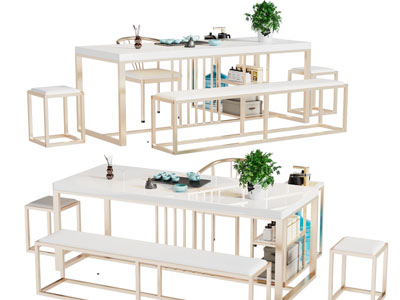 新中式长方形茶桌椅组合