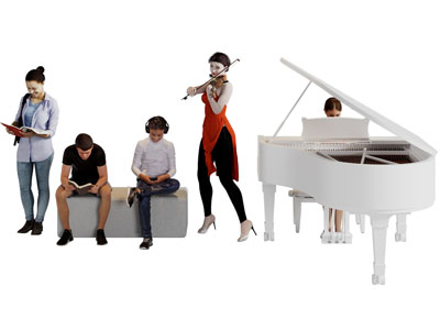 现代弹钢琴 拉小提琴和阅读的多人人物3d模型 现代弹钢琴 拉小提琴和阅读的多人人物