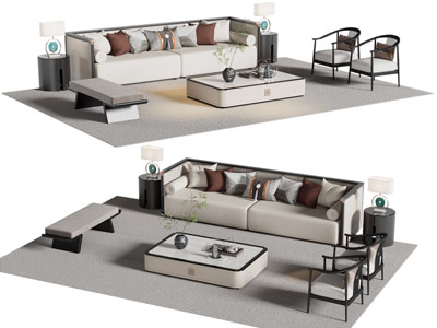 新中式双人沙发 休闲椅子 沙发凳和茶几组合