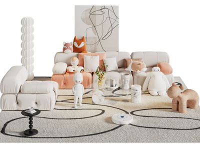 侘寂风多人 单人沙发 凳子和茶几边几组合