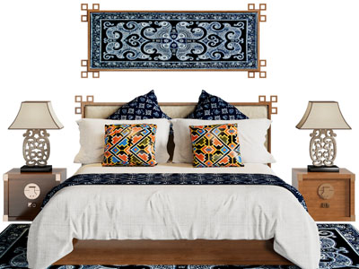 新中式实木双人床 床头几 装饰画