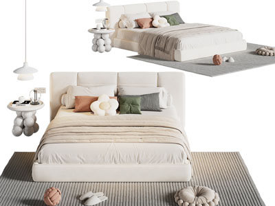 现代布艺双人床 床头几