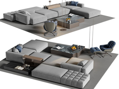 现代多人沙发 休闲椅子和茶几组合