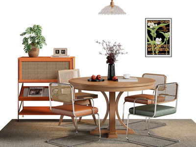 现代圆形实木餐桌椅组合 边柜