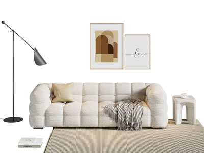 现代布艺多人沙发 边几