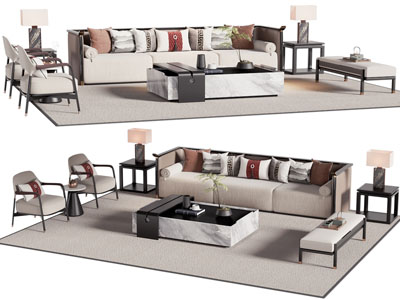 新中式多人沙发 休闲椅子 沙发凳和茶几组合