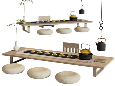 新中式长方形茶几 蒲团 坐垫组合3d模型 新中式长方形茶几 蒲团 坐垫组合