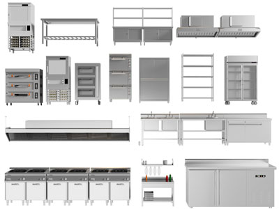 现代商用烤箱 冰柜操作台 洗菜盆 抽油烟机后厨设备3d模型 现代商用烤箱 冰柜操作台 洗菜盆 抽油烟机后厨设备