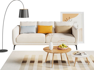 北欧双人沙发 圆形茶几 落地灯组合