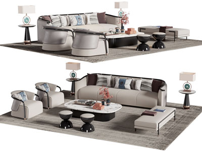 新中式多人 单人沙发 沙发凳和茶几组合