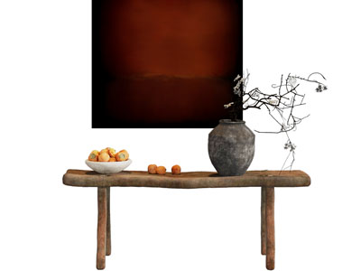 侘寂风长凳 陶罐花卉 装饰画摆件