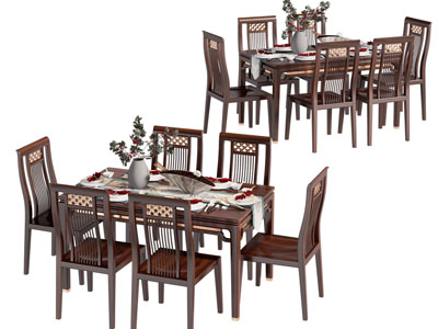 新中式实木长方形餐桌椅组合