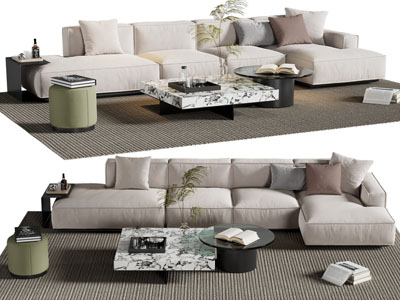 现代布艺多人沙发 坐墩和茶几组合