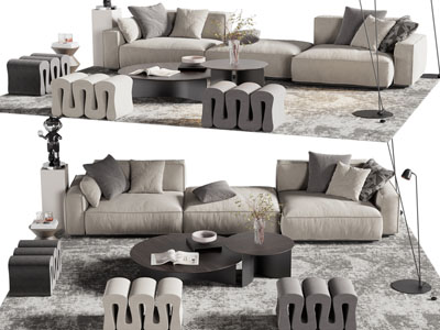现代布艺多人沙发 坐凳和茶几组合