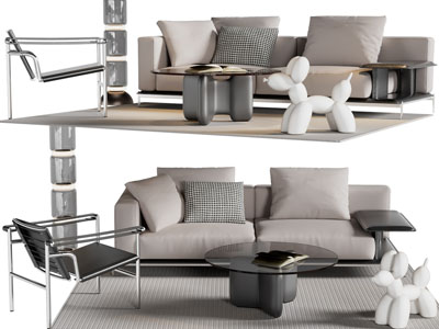 现代布艺双人沙发、休闲椅子和茶几组合