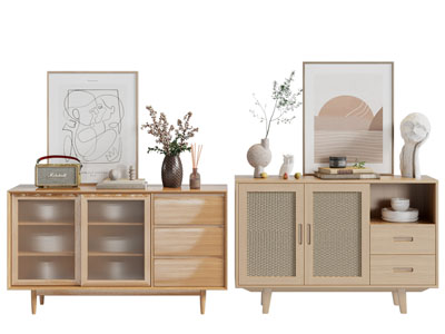 北欧实木餐边柜、摆件组合