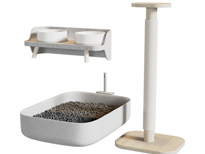 现代宠物猫砂盆、猫爬架、猫碗