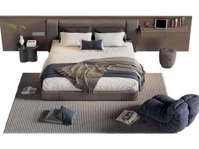 现代加宽床头双人床、床头柜