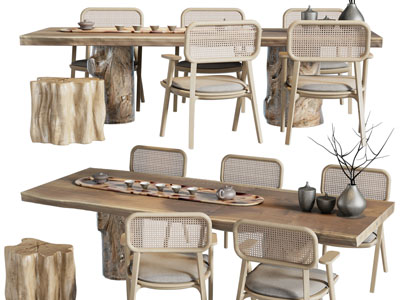 侘寂风长方形实木茶桌椅组合