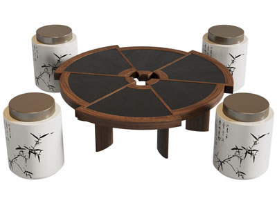 新中式圆形拼接茶几、坐凳3d模型 新中式圆形拼接茶几、坐凳