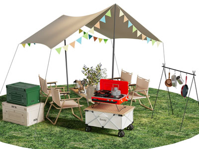 现代户外营地、帐篷、餐桌椅组合