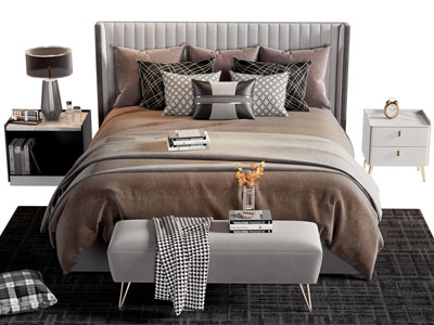 现代双人床、床头柜