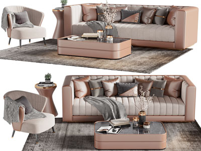 现代多人沙发、休闲椅子和茶几组合