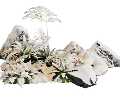 盖满大雪的花草植物、石头景观园艺小品