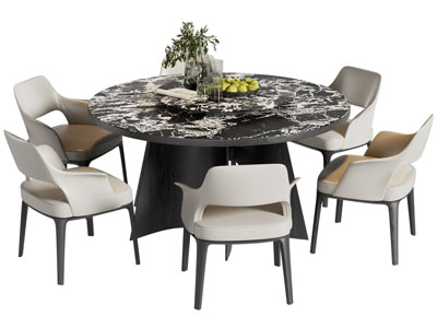 现代圆形黑白大理石纹理餐桌椅组合