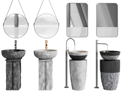 侘寂风石头洗手台、镜子