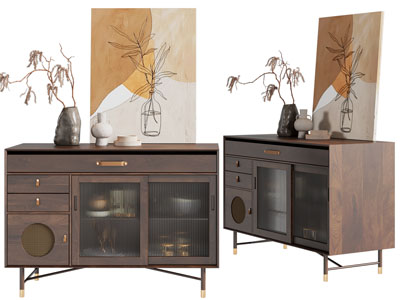 新中式实木餐边柜、装饰画