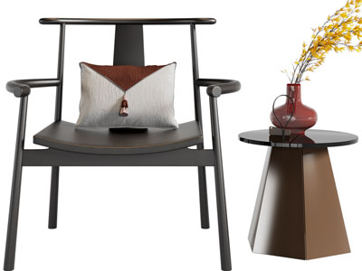 新中式扶手椅子、休闲椅子、边几