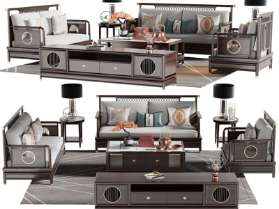 新中式实木双人、单人沙发、电视柜和茶几组合