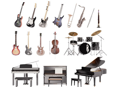 现代电吉他、小提琴、长号、钢琴、架子鼓乐器设备3d模型 现代电吉他、小提琴、长号、钢琴、架子鼓乐器设备