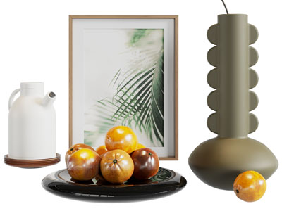 现代果盘水果、热水壶、花瓶摆件组合