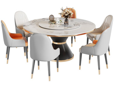 现代轻奢圆形带转盘的餐桌椅组合