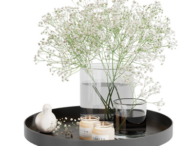 现代托盘茶杯、香薰烛台、花瓶花卉摆件组合