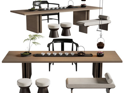 新中式长方形茶桌椅组合