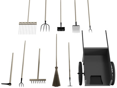 中式耙子、推车、铁锹耕田农用工具