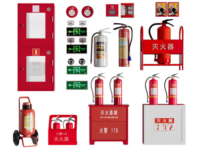 现代消防栓 灭火器 安全通道指示牌消防设备3d模型 现代消防栓 灭火器 安全通道指示牌消防设备