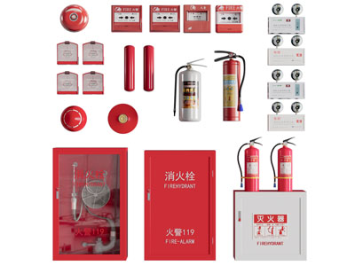 现代消防栓 灭火器 应急灯消防设备3d模型 现代消防栓 灭火器 应急灯消防设备