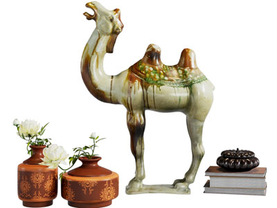 新中式唐三彩骆驼、花瓶花卉摆件组合