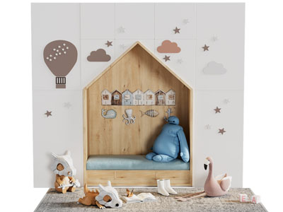 北欧儿童嵌入卡座的衣柜、玩偶3d模型 北欧儿童嵌入卡座的衣柜、玩偶