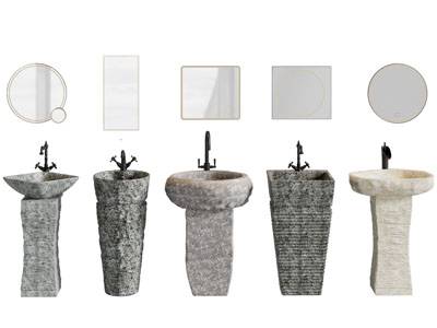 侘寂风毛石洗手台、洗手盆、镜子