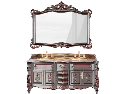 欧式雕花实木洗手台、镜子、浴室柜