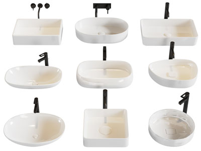 现代方形、圆形陶瓷洗手盆、水龙头